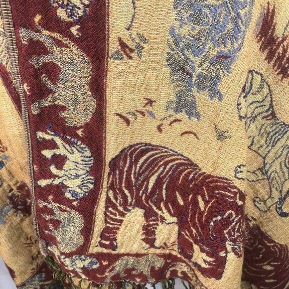 Vintage Wildlife Jacquard Pashmina-Style Shawl – Tigers, Elephants & Birds – Rev - Picture 10 of 16